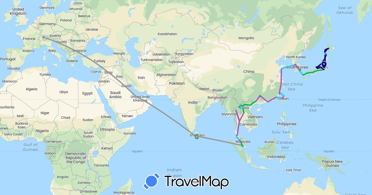 TravelMap itinerary: driving, bus, plane, train, boat in Switzerland, China, Japan, South Korea, Laos, Sri Lanka, Malaysia, Qatar, Thailand, Taiwan, Vietnam (Asia, Europe)